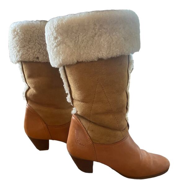 Vintage 70s Bass Brown Leather Shearling Interior Heeled Boot Boho Snow size 8 - Picture 3 of 11